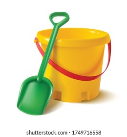 3d realistic vector kids bucket and spade for sand play on the sea.