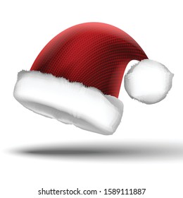 3d realistic vector knitted Christmas Santa red hat. Isolated on white background.