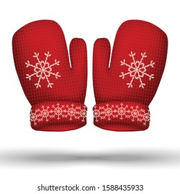 3d realistic vector knitted winter red gloves. Isolated on white background.