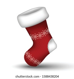 3d realistic vector knitted winter red Christmas sock. Isolated on white background.
