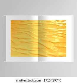 Diseño vectorial 3d realista de la plantilla de diseño de maqueta de portada en formato A4 con lámina dorada para folletos, volante, diseño de portada, diseño de libros, revista, portada de folleto.