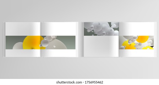 3d realistic vector layout of cover mockup design templates for bifold square brochure, flyer, cover design, book design, magazine, brochure cover. Abstract composition with 3d balls or spheres.