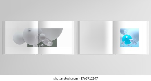 3d realistic vector layout of cover mockup design templates for bifold square brochure, flyer, cover design, book design, magazine, brochure cover. Abstract composition with 3d balls or spheres.