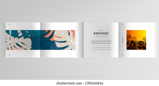 3d Realistic Vector Layout Of Cover Mockup Templates For Bifold Square Brochure, Flyer, Cover Design, Book Design. Tropical Palm Leaves, Shadow Of Tropical Jungle Leaves. Floral Pattern Backgrounds.