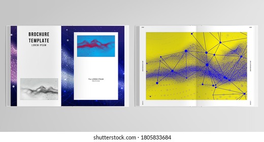 3d realistic vector layout of cover mockup templates for A4 bifold brochure, flyer, cover design, book design. Colorful wavy particle surface background for technology or science cyber space concept.