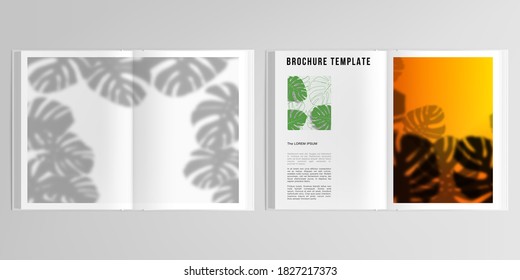 3d realistic vector layout of cover mockup design templates for A4 bifold brochure, flyer, cover design, book. Tropical palm leaves, shadow of tropical jungle leaves. Floral pattern backgrounds.