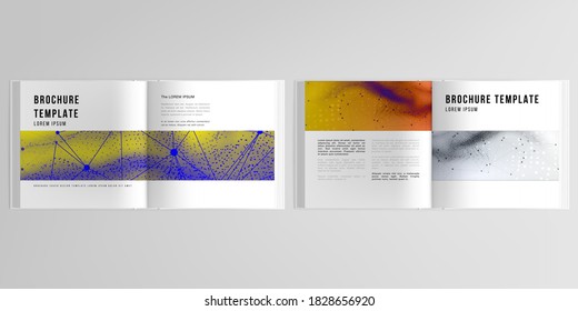 3d realistic vector layout of cover mockup templates for bifold square brochure, flyer, cover design, book. Colorful wavy particle surface background for technology or science cyber space concept.