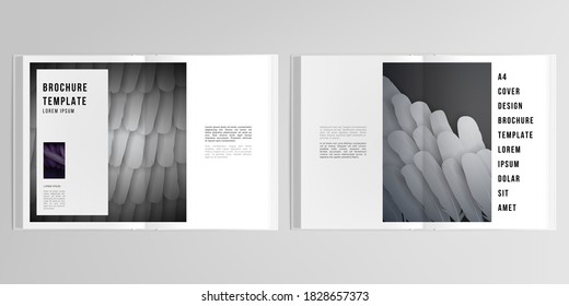3d realistisches Vektorlayout von Cover-Mock-up-Vorlagen für A4-Doppelbroschüre, Flyer, Cover-Design, Buchdesign, Magazin, Broschürenumschlag. Federn, Vögel stürzen im abstrakten Stil. Grafisches Muster.