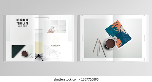 3d realistic vector layout of cover mockup design templates for A4 bifold brochure, cover design, book design, magazine, brochure cover. Home office concept, study or freelance, working from home.