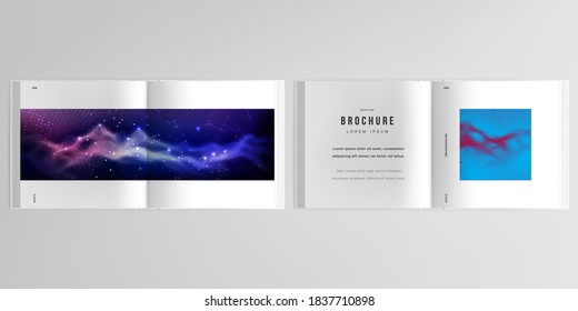 3d realistic vector layout of cover mockup templates for bifold square brochure, flyer, cover design, book. Colorful wavy particle surface background for technology or science cyber space concept.
