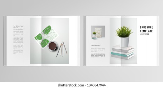 3d diseño vectorial realista de plantillas de diseño de simulación de portada para folletos biplidos A4, diseño de portada, diseño de libros, revista, portada de folletos. Concepto de oficina en el hogar, estudio o freelance, trabajando desde el hogar.