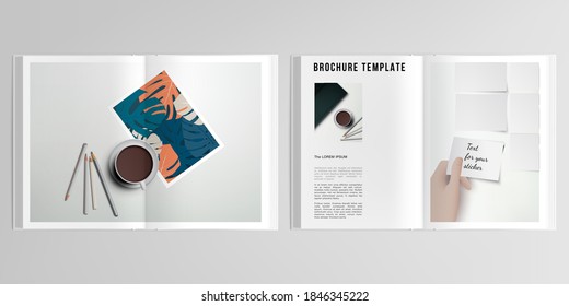 3d realistic vector layout of cover mockup design templates for A4 bifold brochure, cover design, book design, magazine, brochure cover. Home office concept, study or freelance, working from home.