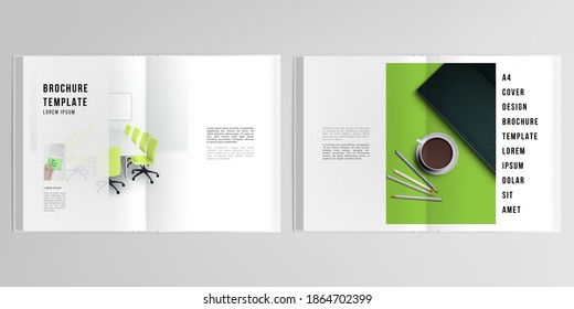 3d realistic vector layout of cover mockup design templates for A4 bifold brochure, cover design, book design, magazine, brochure cover. Home office concept, study or freelance, working from home.