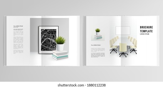 3d diseño vectorial realista de plantillas de diseño de simulación de portada para folletos biplidos A4, diseño de portada, diseño de libros, revista, portada de folletos. Concepto de oficina en el hogar, estudio o freelance, trabajando desde el hogar.
