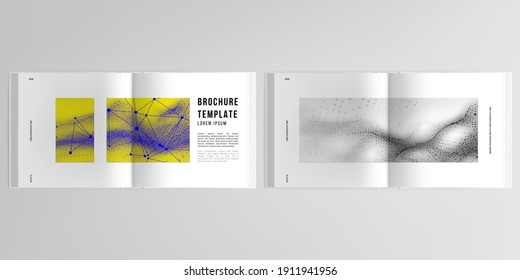 3d distribución vectorial realista de plantillas de simulación de portada para folletos cuadrados biplidos, volante, diseño de portada, libro. Colorido fondo de superficie de partículas onduladas para el concepto de tecnología o ciberespacio científico.