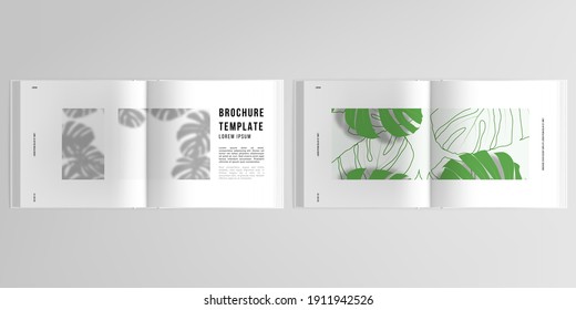 3d realistic vector layout of cover mockup design templates for bifold square brochure, flyer, cover design, book. Tropical palm leaves, shadow of tropical jungle leaves. Floral pattern backgrounds.