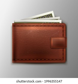 3d cartera de cuero vectorial realista con dinero en efectivo dentro. 