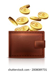 3d realistic vector leather wallet with golden coins falling in it. Isolated on white background.