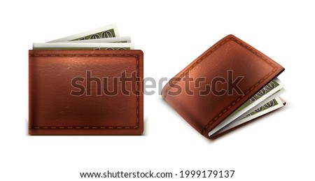 3d realistic vector leather wallet with cash of money inside in side and front view. 