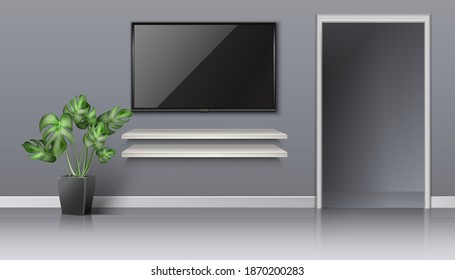 3d realistic vector living room with open door and black screen on the wall with white book shelves and floor plant.