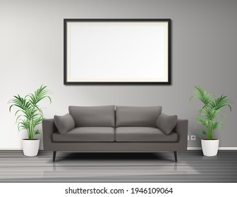3 d interior vectorial de sala de estar realista con marco de imagen, cacerolas de sofá-suelo.