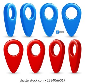 3d pines de localización vectorial realistas para puntos de mapa de marcas. Marcadores de geolocalización rojos y azules para aplicaciones de navegación. Colocar iconos de marca, cartografía y símbolos de viajero. Ver desde varios ángulos