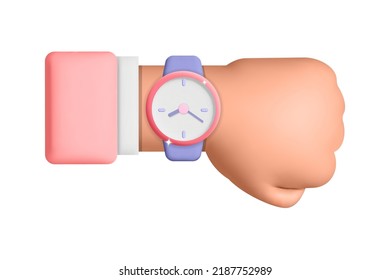 3d realistic vector man hand in businessman suit with clock with arrows icon design. Cartoon arm wearing wristband clock. 