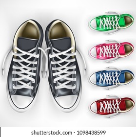 3D Realistic Vector Mesh Pair of Black Sneakers Plus Different Color Variations Set in White Isolated Background
