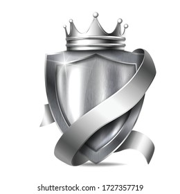 3d realistic vector metal shield with frame . Blank silver steel metallic panel with silver crown and ribbon award trophy or certificate template isolated on white background.