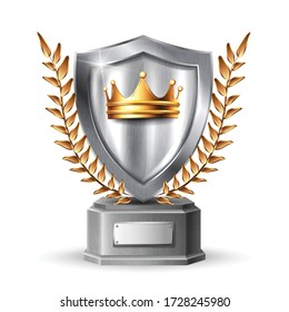 3d realistic vector metal shield with frame . Blank silver steel metallic panel with golden crown, leaves award trophy or certificate template isolated on white background.