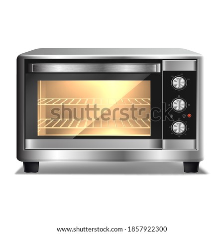 3d realistic vector microwave oven with light inside, isolated on white background. Kitchen appliances.