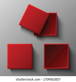 3d realistic vector mock up red boxes with and without cover. Isolated illustration icon on transparent background. Top view.