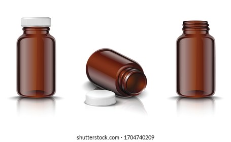 3d realistic vector mock up set of medicine bottles in brown glass with white cap. Isolated icon illustration on white background.