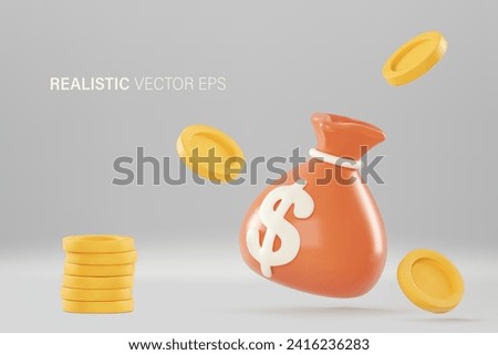 3D Realistic vector  money bag and stack of gold coin, Business and financial concept.