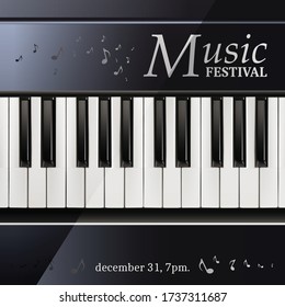3d realistic vector music festival poster piano with keyboard black and white.