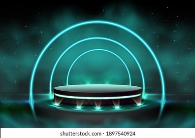 3d Realistic Vector Neon Luminous Black Stage With Spot Lights Around And Clouds Effect. Presentation Sparkly Neon Background.