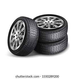 3d realistic vector new car tires, wheels with alloy rims. Isolated on white background.