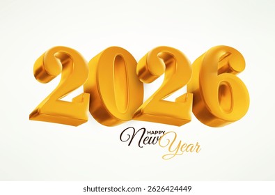 3D realistic vector numbers 2026 in a gold color. Luxury design object for New Year greeting cards, poster, advertising banners. Template metal numbers are bold and sleek. 3D element isolated on white