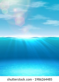 3d realistic vector ocean summer under water background with sunlight and rays.