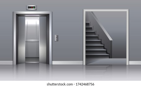 3d realistic vector office building  elevator with half closed doors and stairs. 