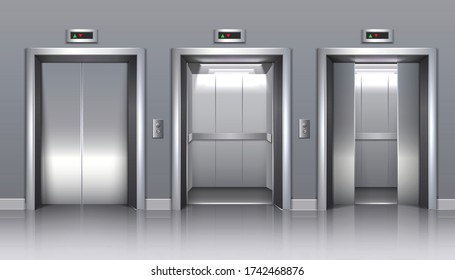 3d realistic vector office building  elevator with closed, open or half closed doors. .