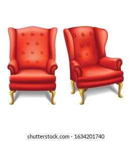 3d Realistic Vector Old Fashion Vintage Red Chair In Front And Side View. Isolated Icon Illustration On White Background.