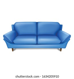 3d realistic vector old fashion vintage blue sofa in front view. Isolated icon illustration on white background.