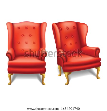 3d realistic vector old fashion vintage red chair in front and side view. Isolated icon illustration on white background.