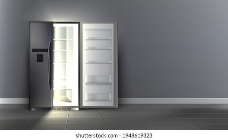 3d realistic vector open empty fridge with shelves in the room.