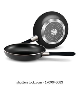 3d realistic vector pan for frying. Isolated on white background. In side and back view.