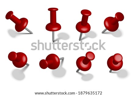 3d realistic vector paper stationary red pins in different views. Isolated on white background.