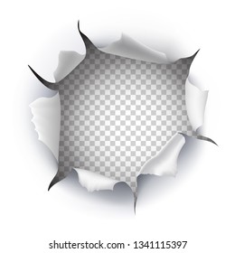 3d realistic vector paper torn hole in white and transparent background, template design with space for text.