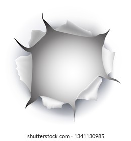 3d realistic vector paper torn hole on white background, template design with space for text.