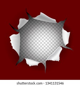 3d realistic vector paper torn hole on red background and transparent hole, template design with space for text.